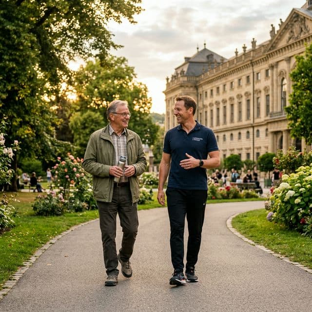 Mobilitäts-Coach Ulli begleitet eine Seniorin beim Spaziergang im Park in Würzburg